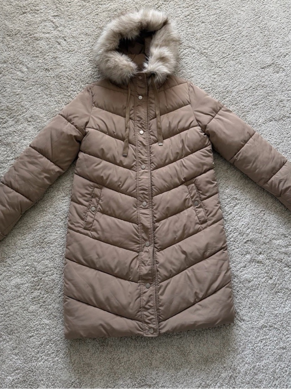 Women's Taupe Long Hooded Puffer Coat with Faux Fur Trim
